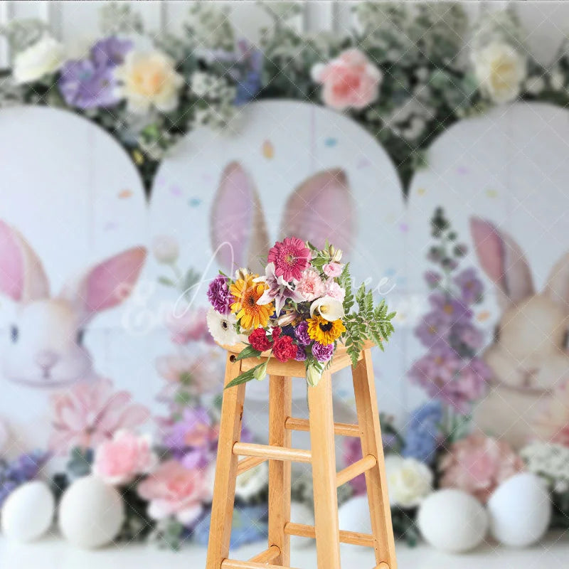 Aperturee - Aperturee White Bunny Peeking Backdrop Spring Floral Bloom and Easter Eggs Portrait Decoration
