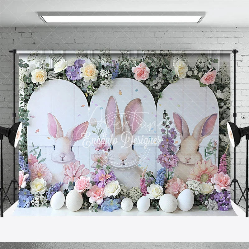 Aperturee - Aperturee White Bunny Peeking Backdrop Spring Floral Bloom and Easter Eggs Portrait Decoration