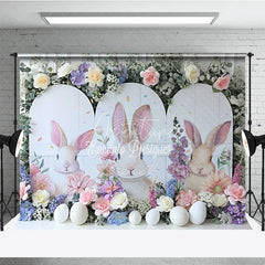 Aperturee - Aperturee White Bunny Peeking Backdrop Spring Floral Bloom and Easter Eggs Portrait Decoration