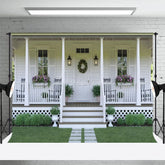 Aperturee - Aperturee White Cabin Christmas Wreath Photography Backdrop