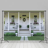 Aperturee - Aperturee White Cabin Christmas Wreath Photography Backdrop