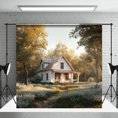 Aperturee - Aperturee White Cabin In Forest Spring Photography Backdrop