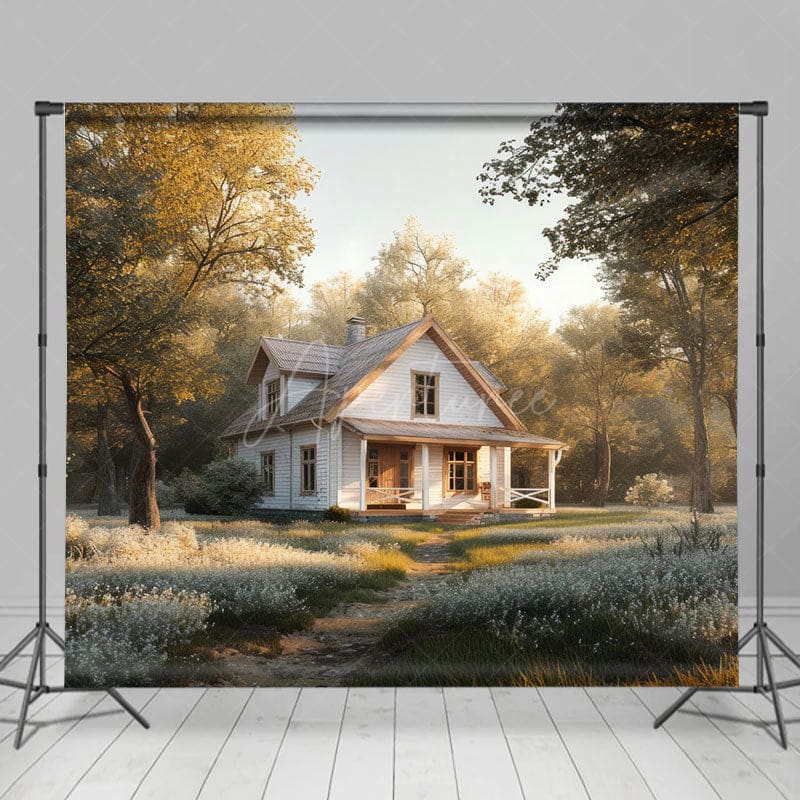 Aperturee - Aperturee White Cabin In Forest Spring Photography Backdrop