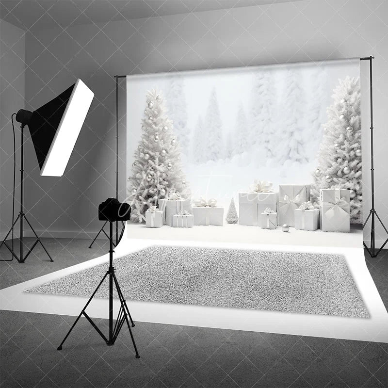 Aperturee - Aperturee White Christmas Backdrop Snowy Forest Silver Ornament Photography Background Winter Wonderland Holiday Party