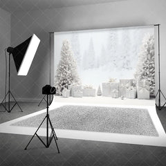 Aperturee - Aperturee White Christmas Backdrop Snowy Forest Silver Ornament Photography Background Winter Wonderland Holiday Party