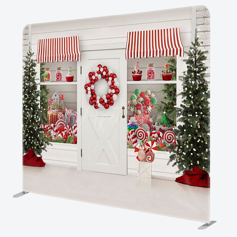 Aperturee - Aperturee White Christmas Candy Store Tension Fabric Backdrop