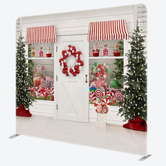 Aperturee - Aperturee White Christmas Candy Store Tension Fabric Backdrop