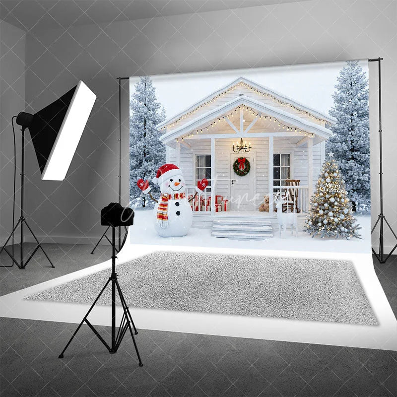 Aperturee - Aperturee White Christmas Porch Backdrop Snowman and Reindeer Silver Xmas Tree Winter Holiday Photography Props