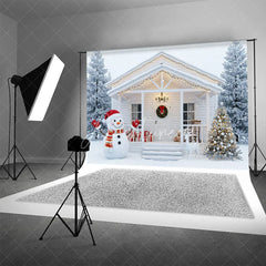 Aperturee - Aperturee White Christmas Porch Backdrop Snowman and Reindeer Silver Xmas Tree Winter Holiday Photography Props