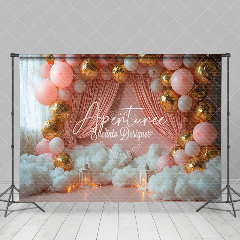 Aperturee - Aperturee White Cloud Pink Balloon Curtain Cake Smash Backdrop