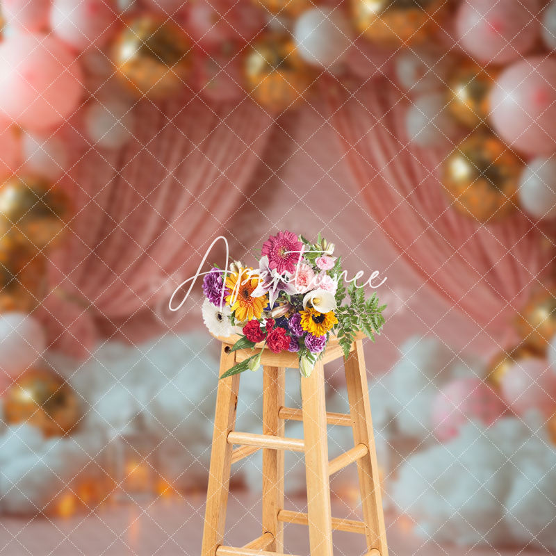 Aperturee - Aperturee White Cloud Pink Balloon Curtain Cake Smash Backdrop