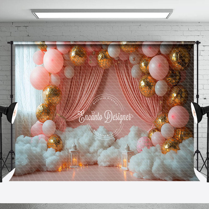 Aperturee - Aperturee White Cloud Pink Balloon Curtain Cake Smash Backdrop