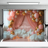 Aperturee - Aperturee White Cloud Pink Balloon Curtain Cake Smash Backdrop