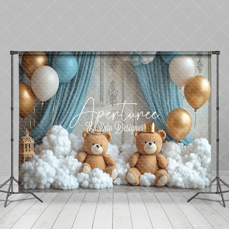 Aperturee - Aperturee White Cotton Cloud Balloons Bear Cake Smash Backdrop
