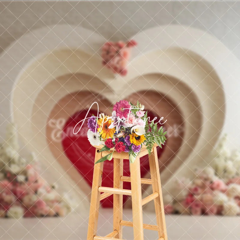 Aperturee - Aperturee White Cream Layered Heart Arch Red Heart Photography Backdrop with Pink Floral Romantic Valentine’s Day Wedding Decor