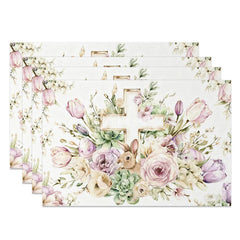 Aperturee - Aperturee White Cross Floral Rabbit Set of 4 Placemats Religious Easter Bunny Table Mats for Spring Party
