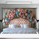 Aperturee - Aperturee White Curtain Floral And Soft Headboard Backdrop