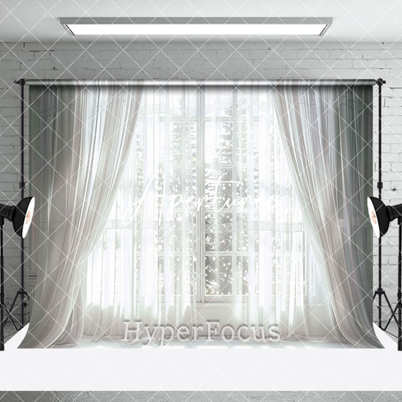 Aperturee - Aperturee White Curtain Window Snowy Winter Room Set Backdrop