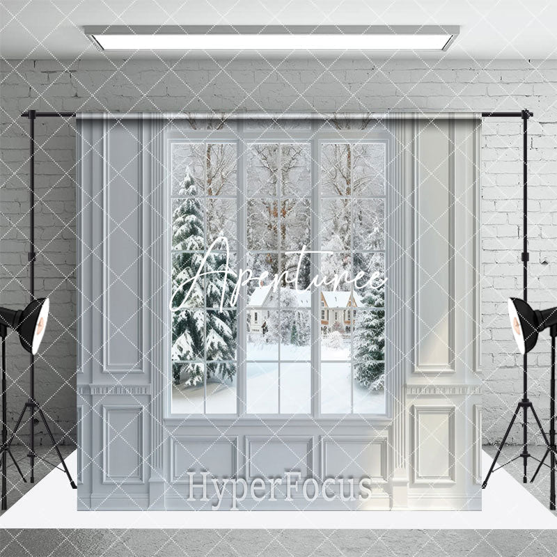 Aperturee - Aperturee White Curtain Window Snowy Winter Room Set Backdrop