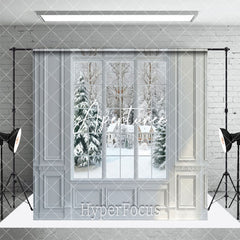 Aperturee - Aperturee White Curtain Window Snowy Winter Room Set Backdrop