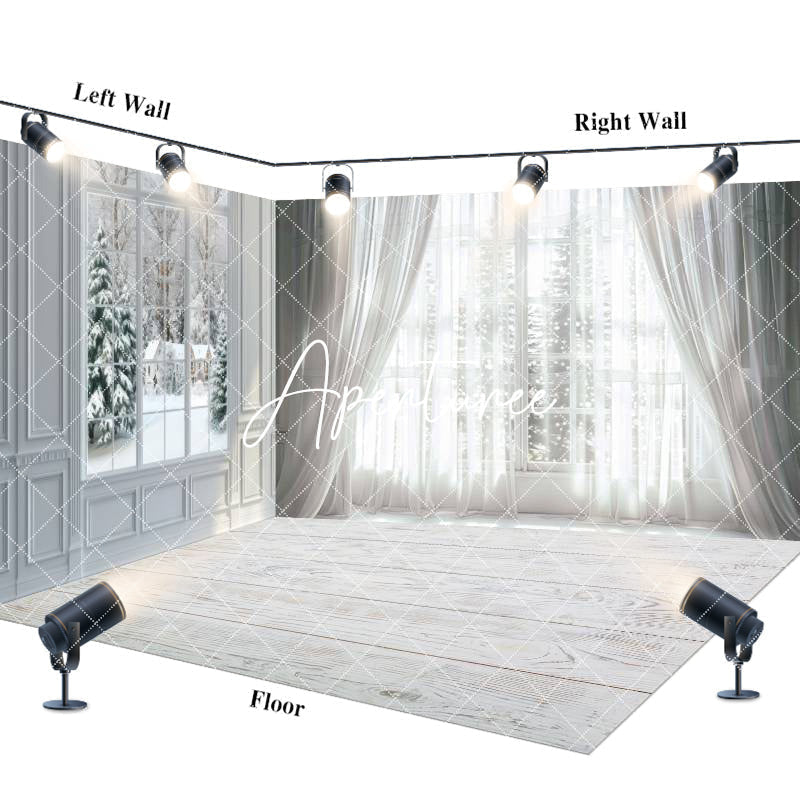 Aperturee - Aperturee White Curtain Window Snowy Winter Room Set Backdrop