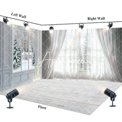 Aperturee - Aperturee White Curtain Window Snowy Winter Room Set Backdrop