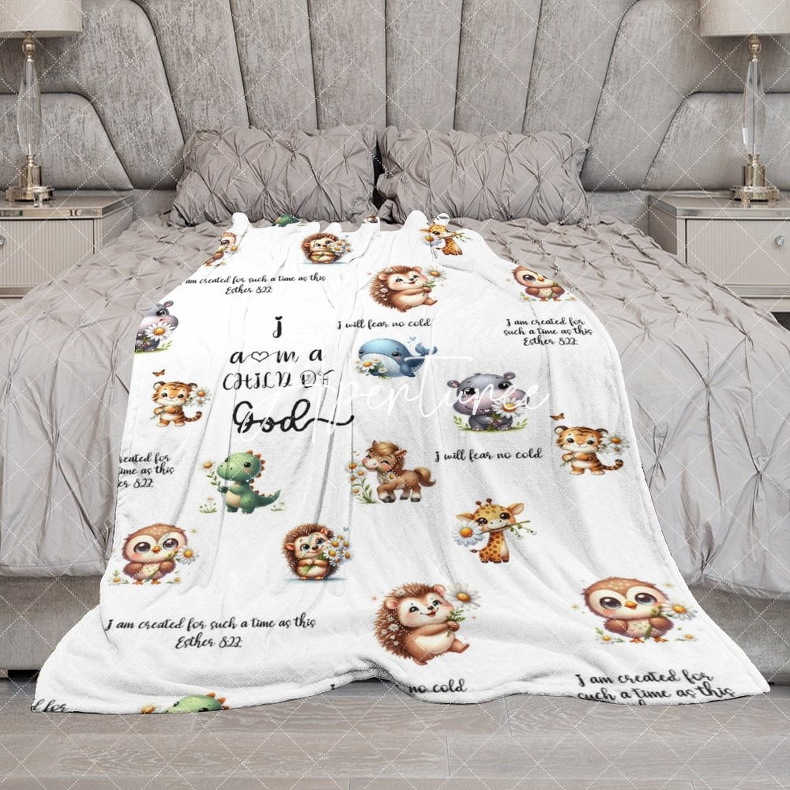 Aperturee - Aperturee White Cute Floral Animals Pattern Text Baby Blanket