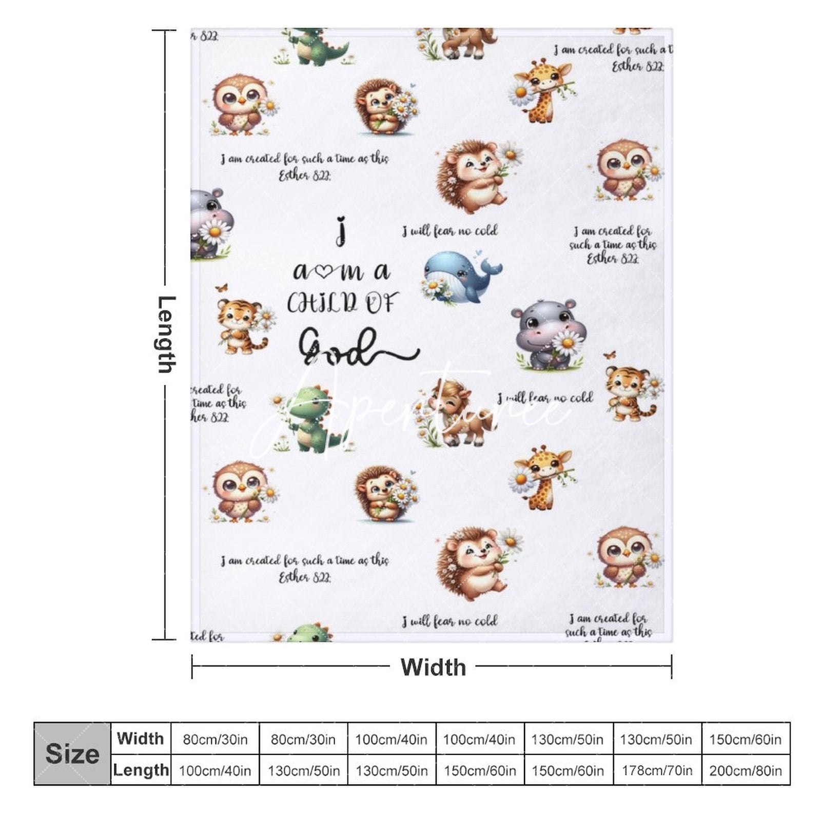 Aperturee - Aperturee White Cute Floral Animals Pattern Text Baby Blanket