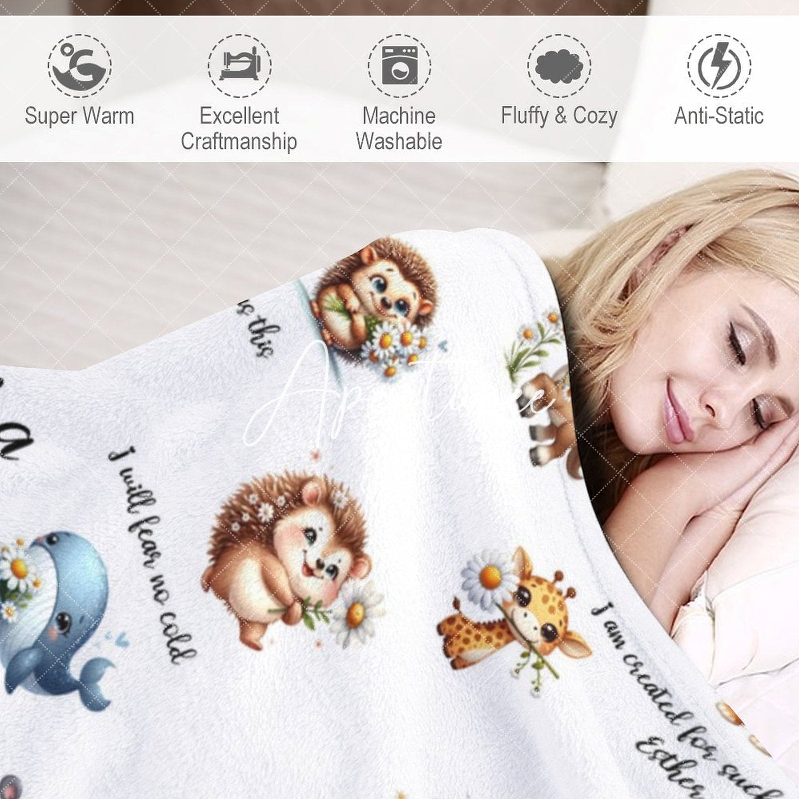 Aperturee - Aperturee White Cute Floral Animals Pattern Text Baby Blanket