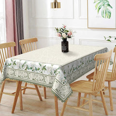 Aperturee - Aperturee White Damask Texture Green Floral Border Rectangle Tablecloth Classic Dining Decor Washable Kitchen Table Cover