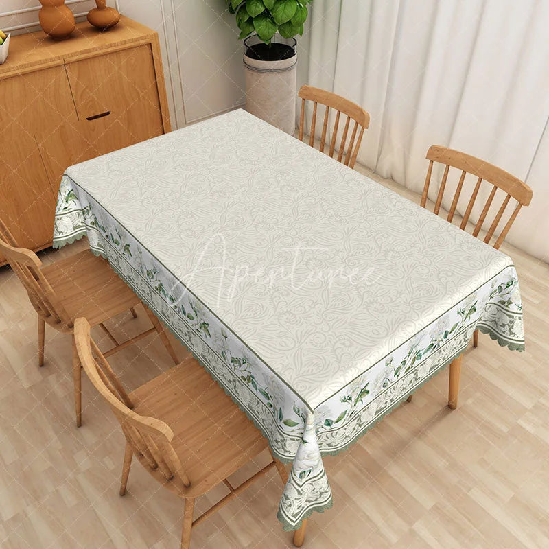 Aperturee - Aperturee White Damask Texture Green Floral Border Rectangle Tablecloth Classic Dining Decor Washable Kitchen Table Cover