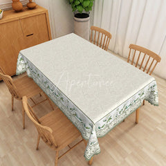 Aperturee - Aperturee White Damask Texture Green Floral Border Rectangle Tablecloth Classic Dining Decor Washable Kitchen Table Cover