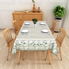 Aperturee - Aperturee White Damask Texture Green Floral Border Rectangle Tablecloth Classic Dining Decor Washable Kitchen Table Cover