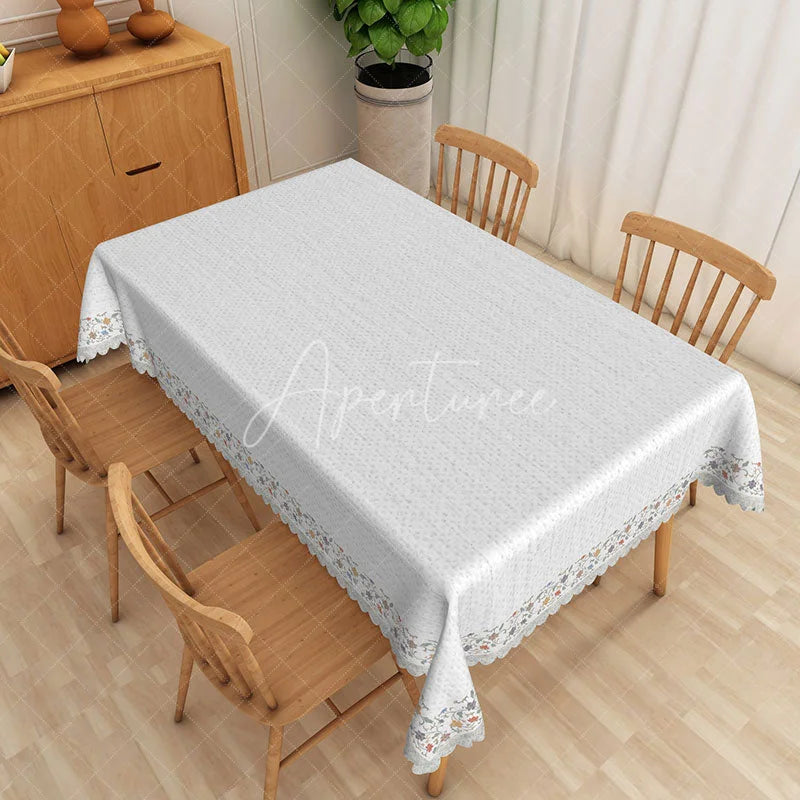 Aperturee - Aperturee White Delicate Floral Border Pattern Rectangle Tablecloth Elegant Dining Room Decor Washable Kitchen Table Cover
