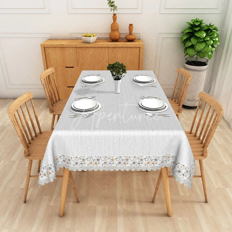 Aperturee - Aperturee White Delicate Floral Border Pattern Rectangle Tablecloth Elegant Dining Room Decor Washable Kitchen Table Cover