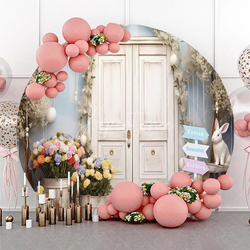 Aperturee - Aperturee White Door Spring Garden Round Backdrop with Pastel Flowers and Easter Bunnies Celebration Decor