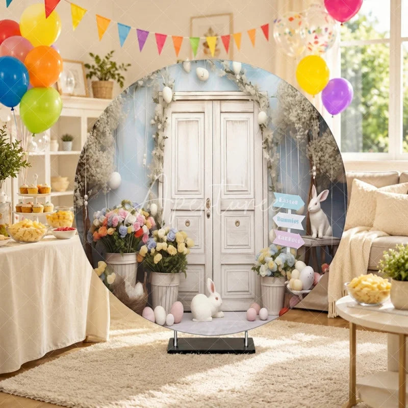 Aperturee - Aperturee White Door Spring Garden Round Backdrop with Pastel Flowers and Easter Bunnies Celebration Decor