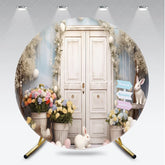 Aperturee - Aperturee White Door Spring Garden Round Backdrop with Pastel Flowers and Easter Bunnies Celebration Decor