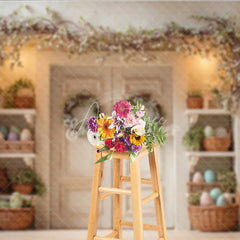 Aperturee - Aperturee White Doors Floral Garland Easter Photography Backdrop Green Wreaths and Egg Shelves Studio Background