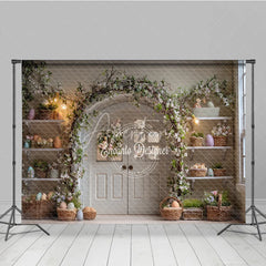 Aperturee - Aperturee White Double Doors Easter Photography Backdrop Floral Arch and Pastel Egg Shelves Studio Background