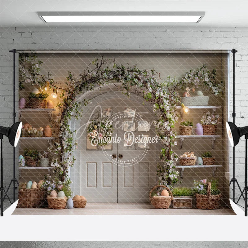 Aperturee - Aperturee White Double Doors Easter Photography Backdrop Floral Arch and Pastel Egg Shelves Studio Background