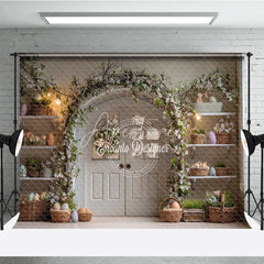 Aperturee - Aperturee White Double Doors Easter Photography Backdrop Floral Arch and Pastel Egg Shelves Studio Background
