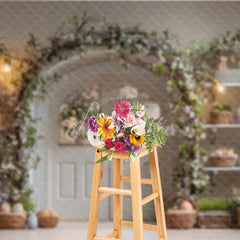 Aperturee - Aperturee White Double Doors Easter Photography Backdrop Floral Arch and Pastel Egg Shelves Studio Background
