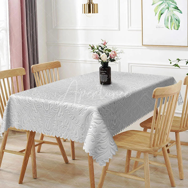 Aperturee - Aperturee White Embossed Damask Floral Pattern Rectangle Tablecloth Elegant Classic Dining Decor Washable Kitchen Table Cover