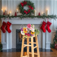 Aperturee - Aperturee White Fireplace Christmas Backdrop Red Stocking Wreath Photography Background Indoor Living Room Holiday Party