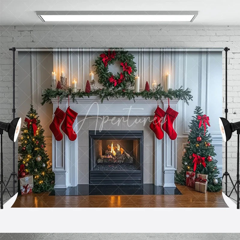Aperturee - Aperturee White Fireplace Christmas Backdrop Red Stocking Wreath Photography Background Indoor Living Room Holiday Party