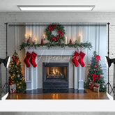 Aperturee - Aperturee White Fireplace Christmas Backdrop Red Stocking Wreath Photography Background Indoor Living Room Holiday Party