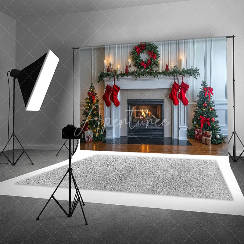 Aperturee - Aperturee White Fireplace Christmas Backdrop Red Stocking Wreath Photography Background Indoor Living Room Holiday Party