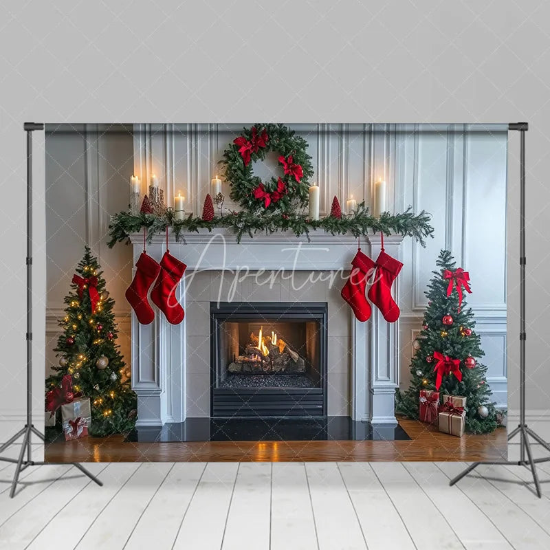 Aperturee - Aperturee White Fireplace Christmas Backdrop Red Stocking Wreath Photography Background Indoor Living Room Holiday Party