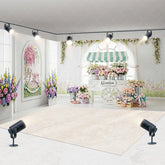 Aperturee - Aperturee White Floral Garden Room Set Backdrop with Flower Cart and Pastel Blooms Romantic Spring Photography Prop